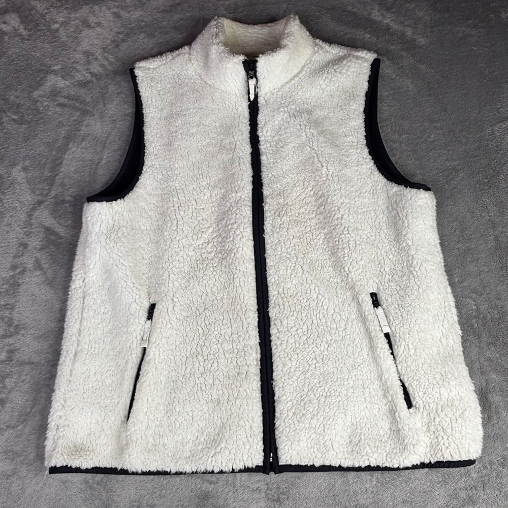 T by Talbots Vest Womens L Cream Sherpa Full Zip Faux Fur Fleece Navy Lining L